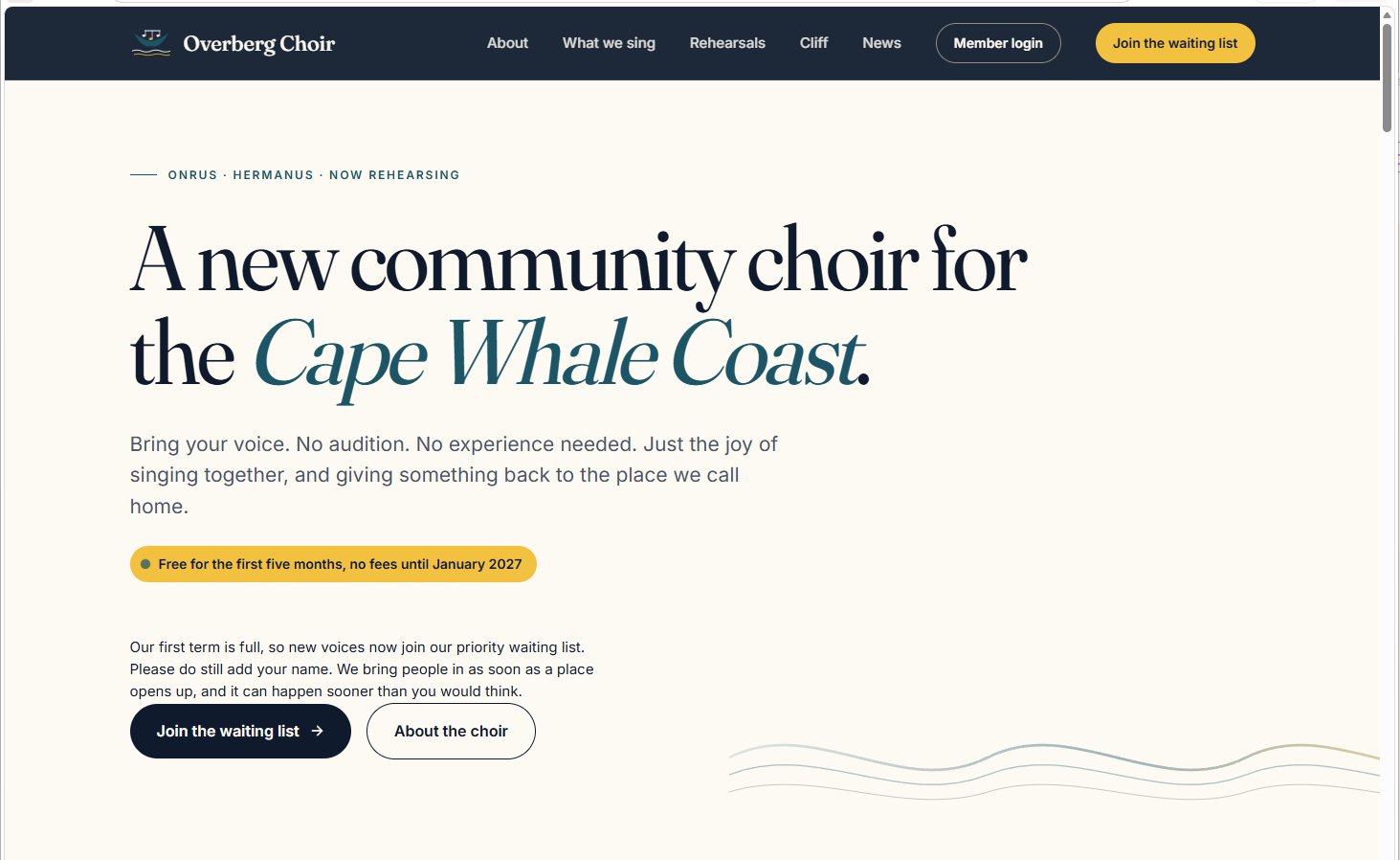 Overberg Choir, a real community choir website built with Tutti